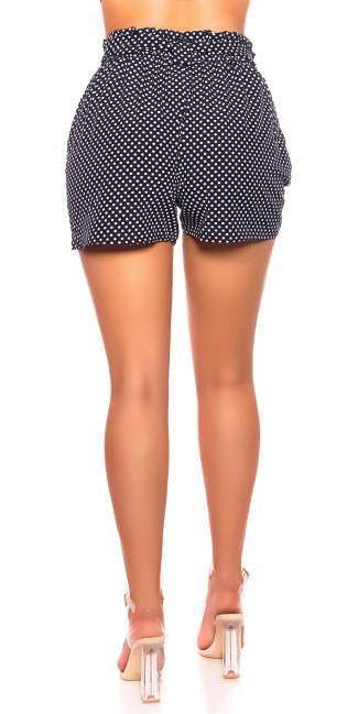 hoge taille stof-shorts met polka stippen en riem blauw